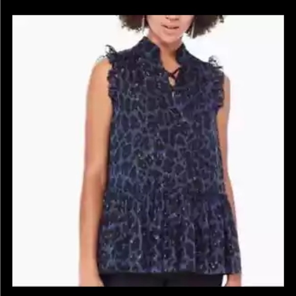 Kate Spade Metallic Silk Chiffon Leopard Print Blouse Ruffle Blue - Picture 1 of 8